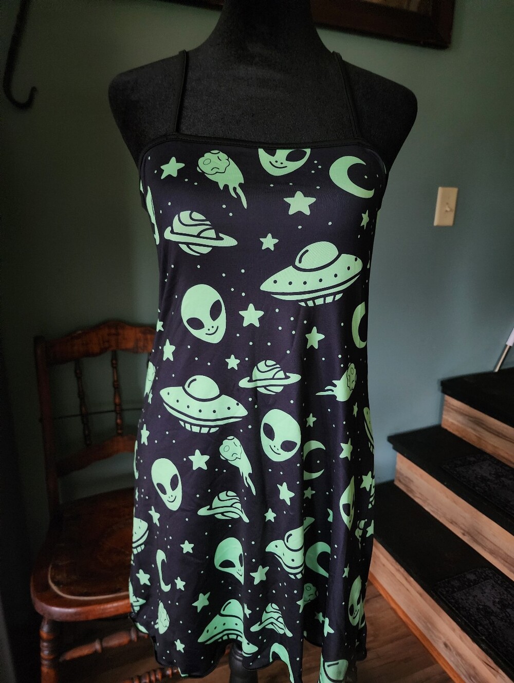 Black & Neon Green Alien Print Slip Dress Nightie